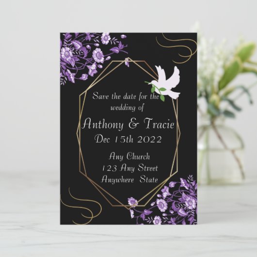 日付の保存結婚式招待状黒と紫 シーズンカード (スタンド正面)