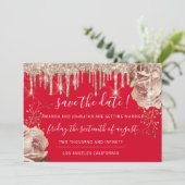 日付の保存花模様バラが赤いアイボリー金ゴールド セーブザデート (スタンド正面)