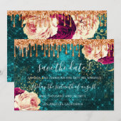 日付の保存花模様バラリースオレンジドリップティール（緑がかった色） セーブザデート (正面/裏面)