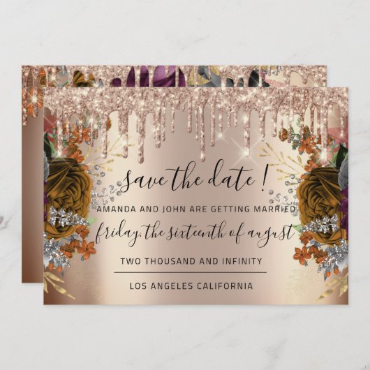 日付の保存花模様バラ金ゴールドが茶色 セーブザデート (正面/裏面)