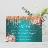 日付の保存花模様バラ金ゴールドドライブティール（緑がかった色）オレンジ セーブザデート (スタンド正面)