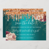 日付の保存花模様バラ金ゴールドドライブティール（緑がかった色）オレンジ セーブザデート (正面/裏面)