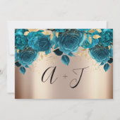 日付の保存花模様バラ金ゴールド青ティール（緑がかった色） セーブザデート (裏面)