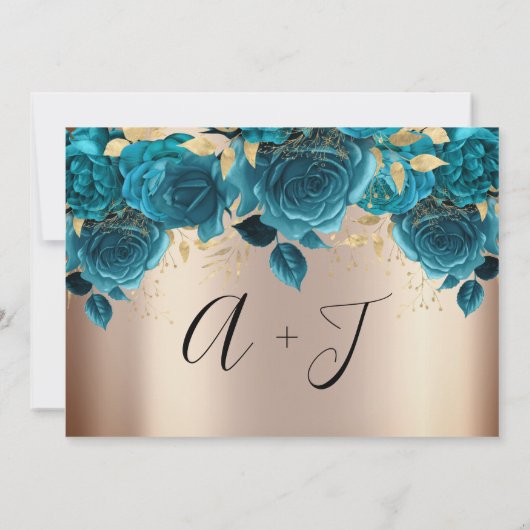 日付の保存花模様バラ金ゴールド青ティール（緑がかった色） セーブザデート (裏面)