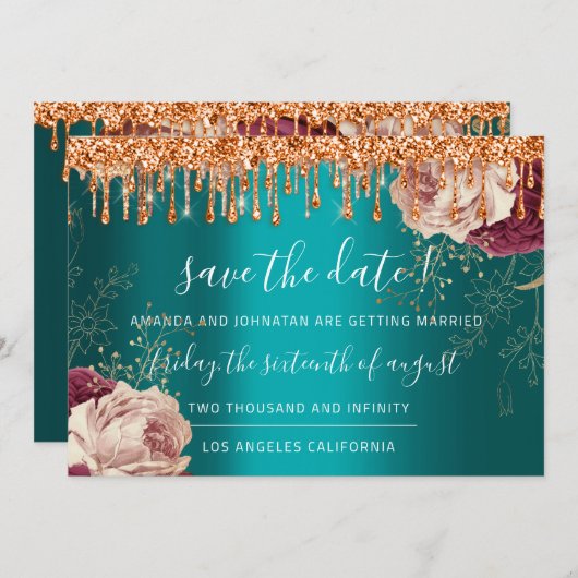 日付の保存花模様バラ銅乾燥ティール(緑がかった色) セーブザデート (正面/裏面)