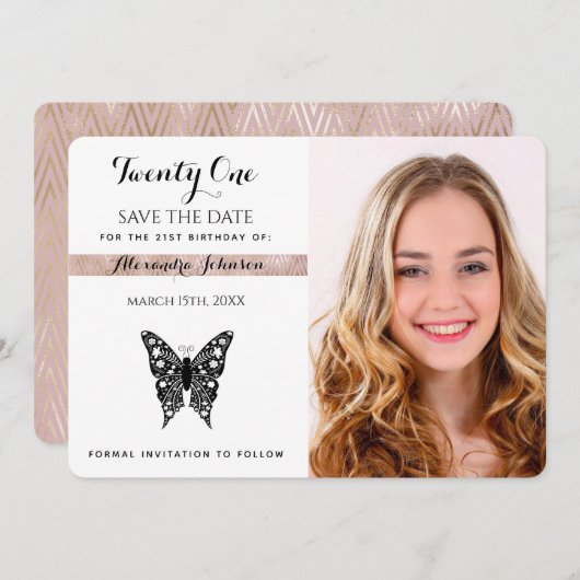 日付の保存誕生日白黒蝶の写真 セーブザデート (正面/裏面)