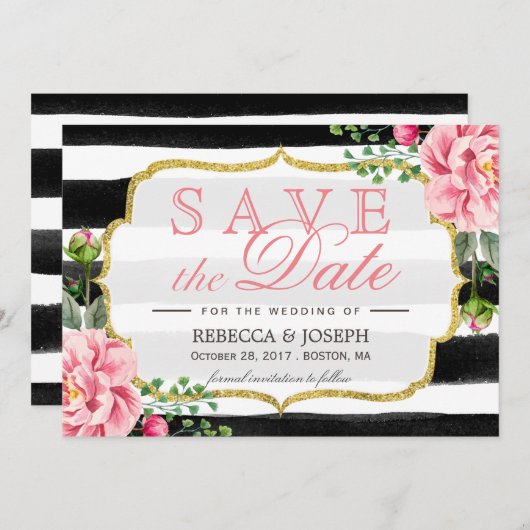 日付の保存赤面ピンクのフローラ水の色のストライプ セーブザデート (正面/裏面)