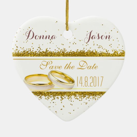 日付の保存金ゴールドグリッターリングや輪-ハートオーナメント セラミックオーナメント (裏面)