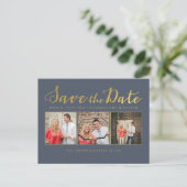 日付の保存金ゴールドネイビータイポグラフィフォトカード 案内ポストカード (スタンド正面)