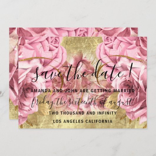 日付の保存金ゴールドピンクリース結婚バラの花嫁 セーブザデート (正面/裏面)