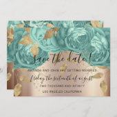 日付の保存金ゴールドフローラバラアクアブルー セーブザデート (正面/裏面)