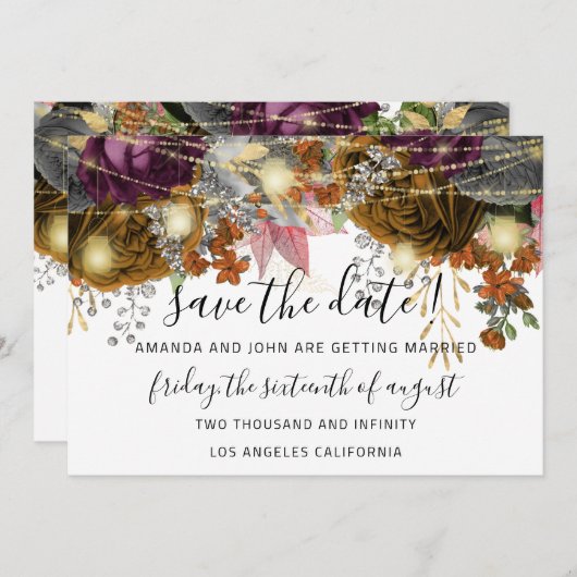 日付の保存金ゴールドフローラバラライト白 セーブザデート (正面/裏面)