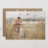 日付の保存金ゴールドホログラフOmbeFotoコテージ鳥 招待状 (正面/裏面)