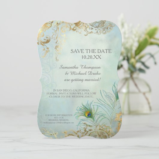 日付の保存金ゴールドリーフピーコックフェザーエレガント 招待状 (スタンド正面)