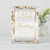 日付の保存金ゴールド大理石と白サテン セーブザデート (スタンド正面)