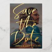 日付の保存金ゴールド書道フォトフォイル 箔招待状 (正面)