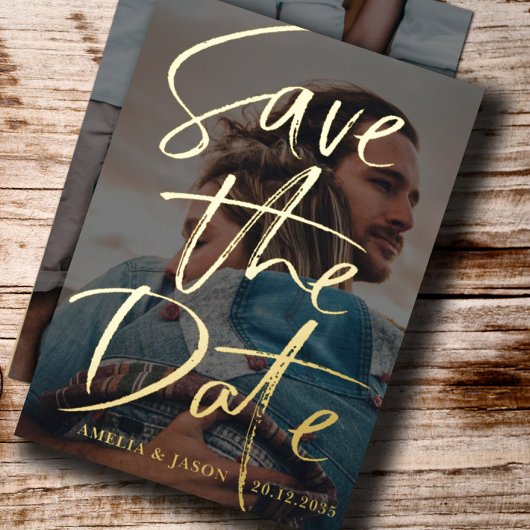 日付の保存金ゴールド書道フォトフォイル 箔招待状