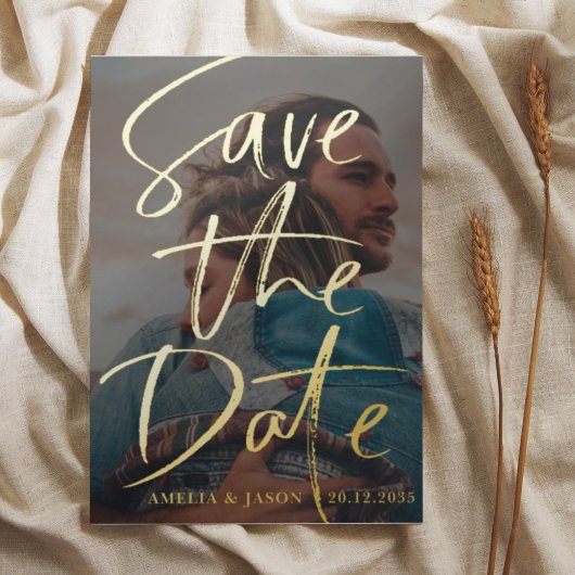 日付の保存金ゴールド書道フォトフォイル 箔招待状