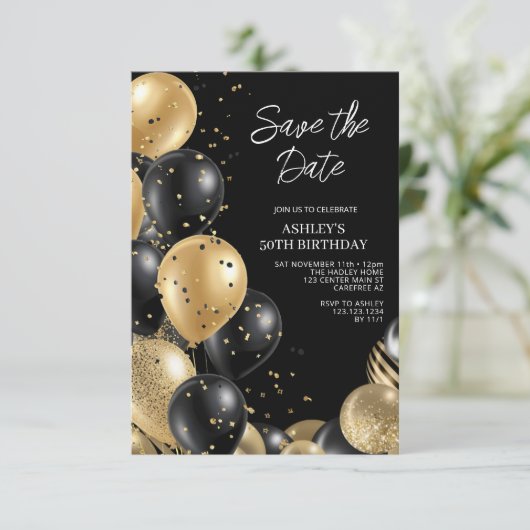日付の保存金ゴールド黒50番目の誕生日 招待状 (スタンド正面)
