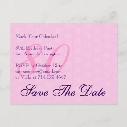 日付の保存80誕生日ピンクパープルレースV6 案内ポストカード (裏面)