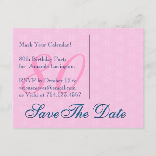 日付の保存80誕生日ピンクブルーレース 案内ポストカード (裏面)
