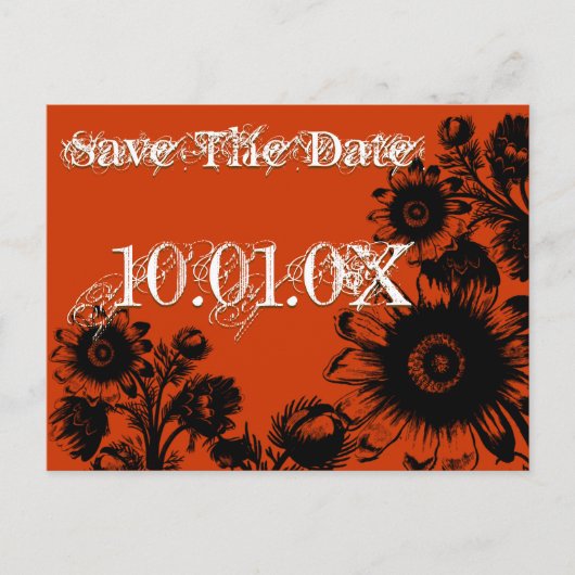 日付の保存 – オレンジ色のヴィンテージ花の黒 案内ポストカード (正面)