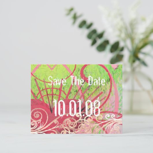 日付の保存 – ハートと渦巻き 案内ポストカード (スタンド正面)