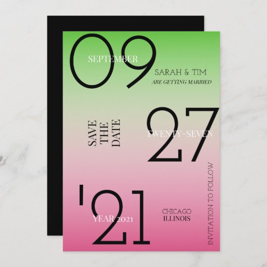 日付の保存 – ピンクと緑グラデーション 招待状 (正面/裏面)