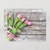 日付の保存 – ピンクのチューリップ&ウッド 案内ポストカード (正面/裏面)