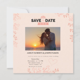 日付の保存 – ピンクエレガントフローラ写真結婚の 招待状
