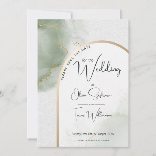 日付の保存 – ミュートされたセージ水のカラーアーチ 招待状 (正面)