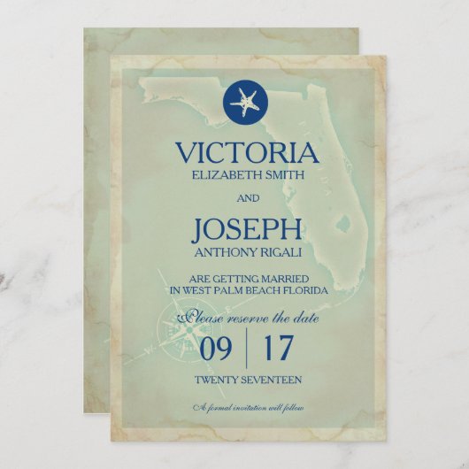 日付の保存 – ヴィンテージマップフロリダ セーブザデート (正面/裏面)