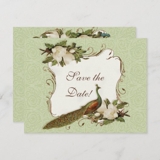 日付の保存 – ヴィンテージ孔雀&マグノリアスワール セーブザデート (正面/裏面)