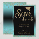 日付の保存、卒業パーティーの金ゴールドとターコイズ 招待状 (正面/裏面)