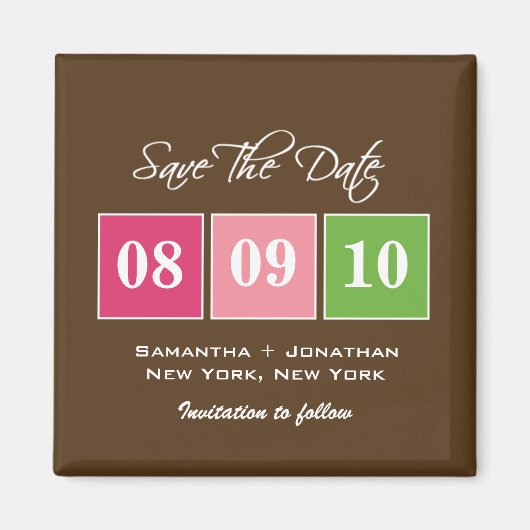 日付の保存：日付ブロック – 明るい赤紫色緑 マグネット (正面)