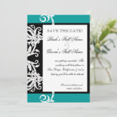 日付の保存 – 白黒ティール(緑がかった色)ハートダマスク セーブザデート (スタンド正面)