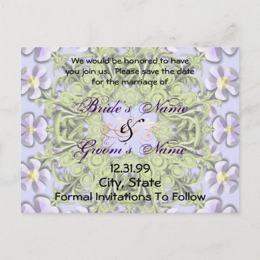 日付の保存 – 紫と黄のデイジー 案内ポストカード (裏面)