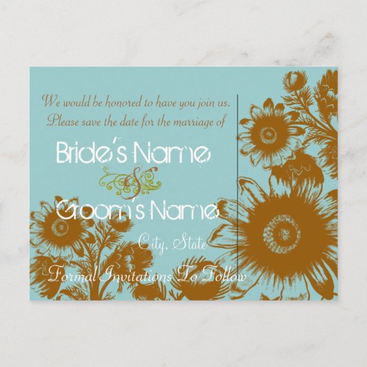 日付の保存 – 茶色の青いヴィンテージ花 案内ポストカード (裏面)