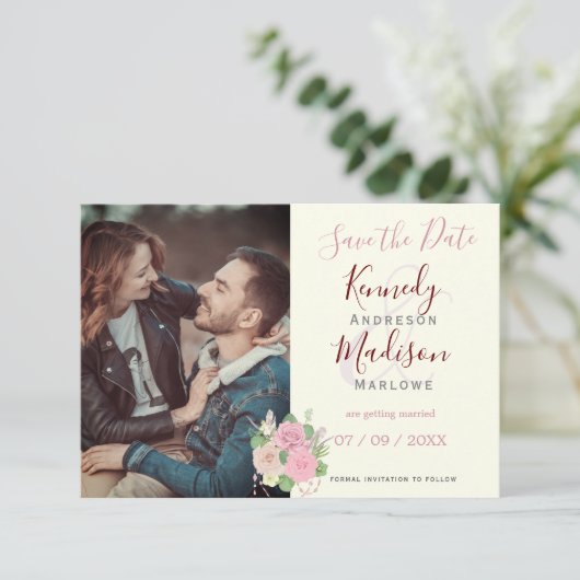 日付の保存Bohoフローラピンク葉書 セーブザデート (スタンド正面)