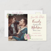 日付の保存Bohoフローラピンク葉書 セーブザデート (正面/裏面)