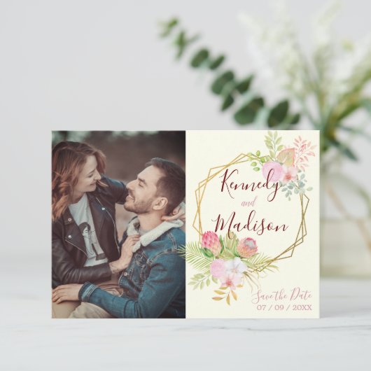 日付の保存Bohoフローラピンク葉書 セーブザデート (スタンド正面)