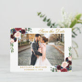 日付の保存Burgundyブルーフローラフォト金ゴールドカード サンキューカード (スタンド正面)