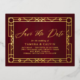 日付の保存Burgundy金ゴールド装飾枠 箔招待状ポストカード