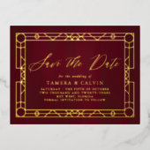 日付の保存Burgundy金ゴールド装飾枠 箔招待状ポストカード (正面)