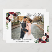 日付の保存Burgundy Blueフローラフォトカード サンキューカード (正面/裏面)