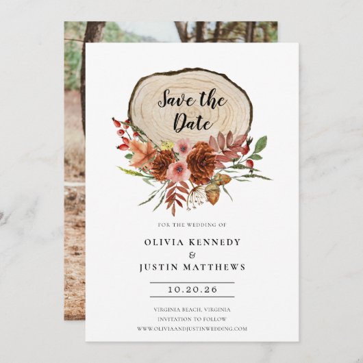 日付の保素朴存秋フローラ木材スライスの招待 招待状 (正面/裏面)