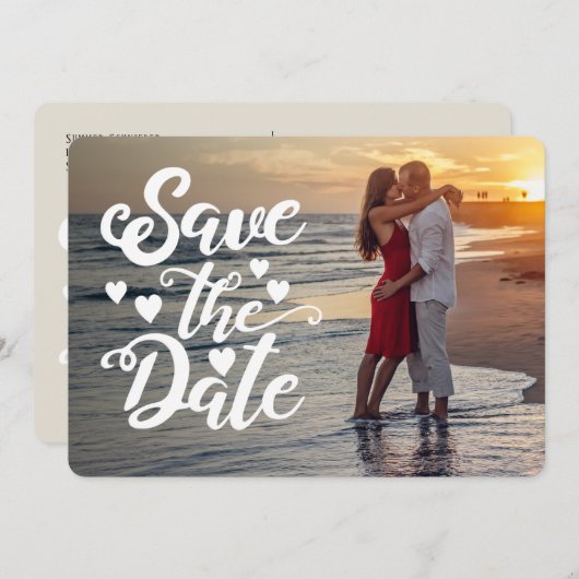 日付の保結婚存 |手書きスクリプトハート 招待状 (正面/裏面)