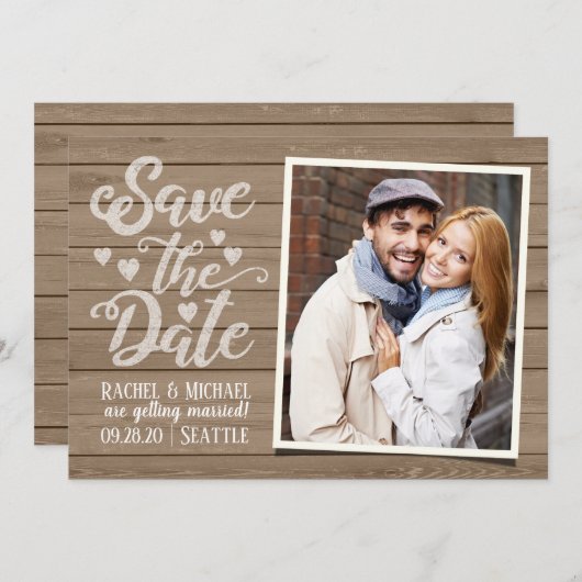 日付の保結婚存 |木目の素朴写真 招待状 (正面/裏面)
