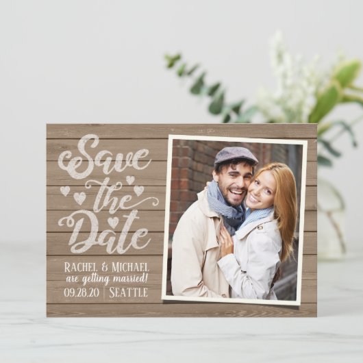 日付の保結婚存 |木製はがき上の写真 招待状 (スタンド正面)