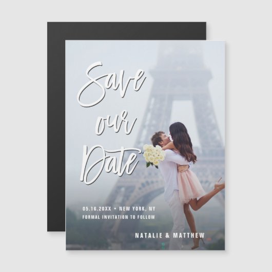 日付の写救真に手書きの白 マグネット招待状 (正面/裏面)